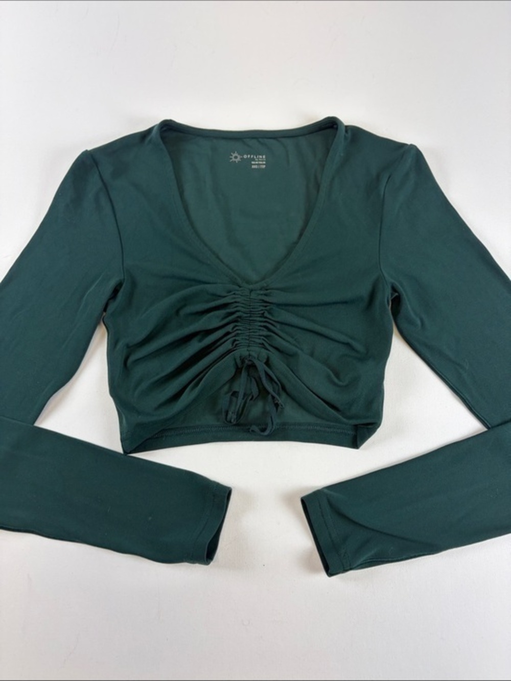 OFFLINEVBU AERIE GREEN RUCHED DRAWSTRING LONG SLEEVE CROP TOP XXS